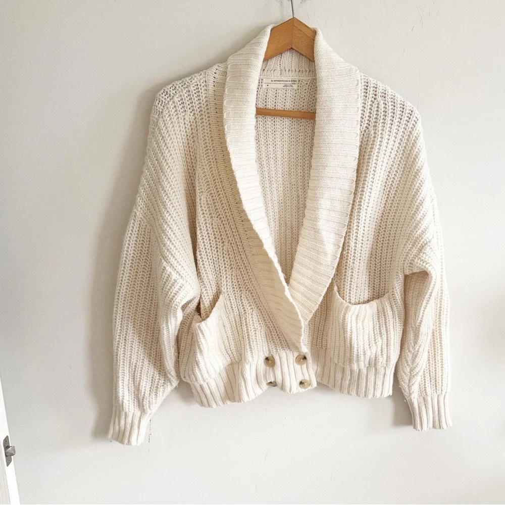 Anthropologie cream slouchy chunky Oversized Wool Blend Cardigan w/Pockets Sz M